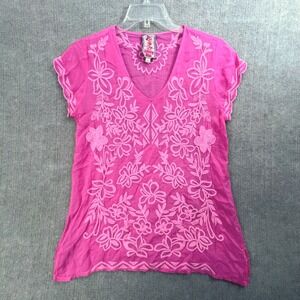 Johnny Was Embroidered Top Small S Floral V Neck Tunic Blouse Bohemian Hot Pink